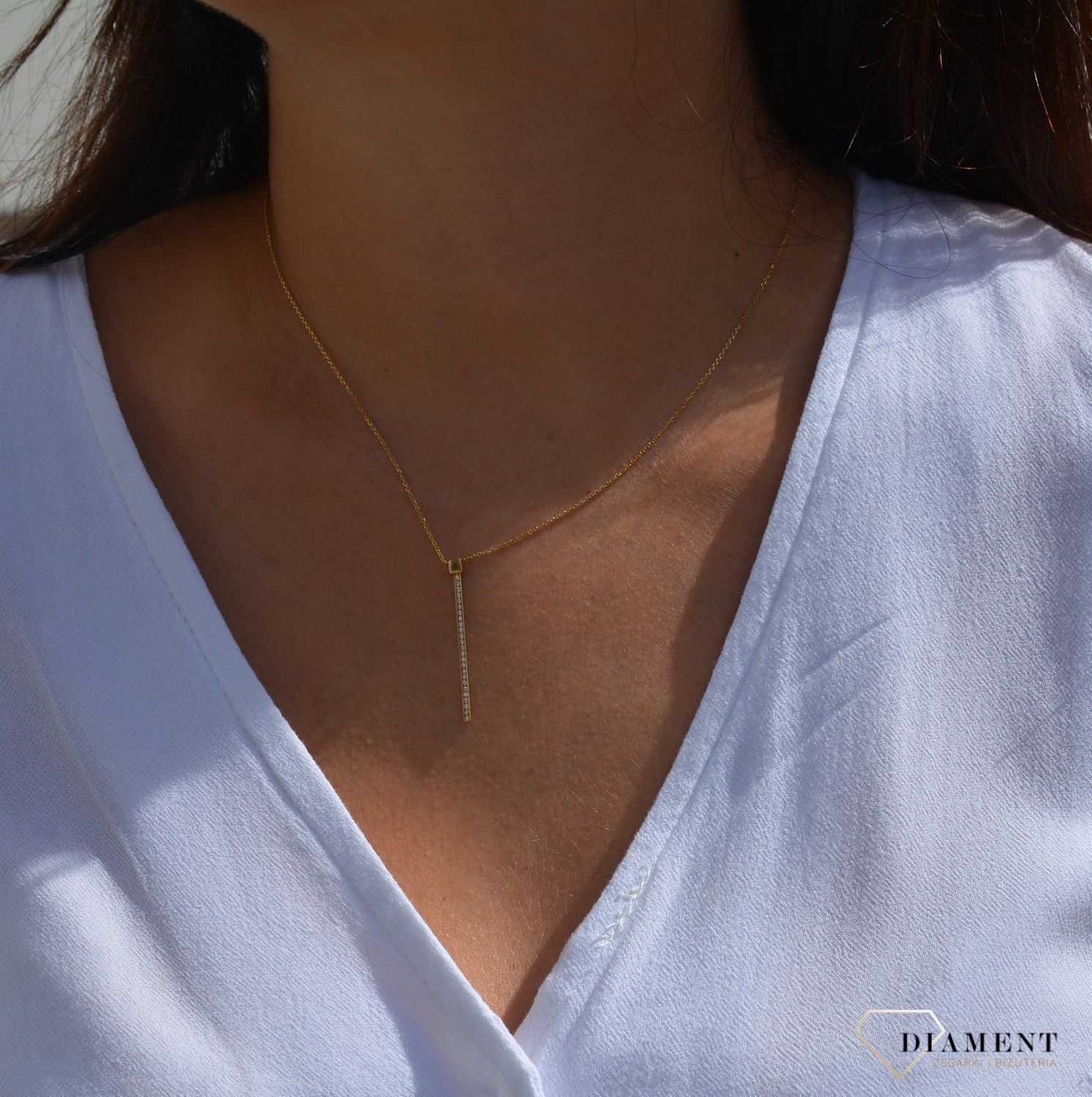 Złoty naszyjnik celebrytka 585 patyczek ozdobiony cyrkonią.jpg